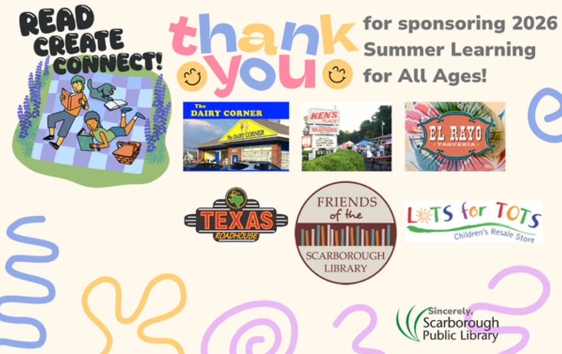 A list of sponsors including Lots for Tots, Dairy Corner, Texas Roadhouse, El Rayo, Ken's Place, and Friends of the Scarborough Library